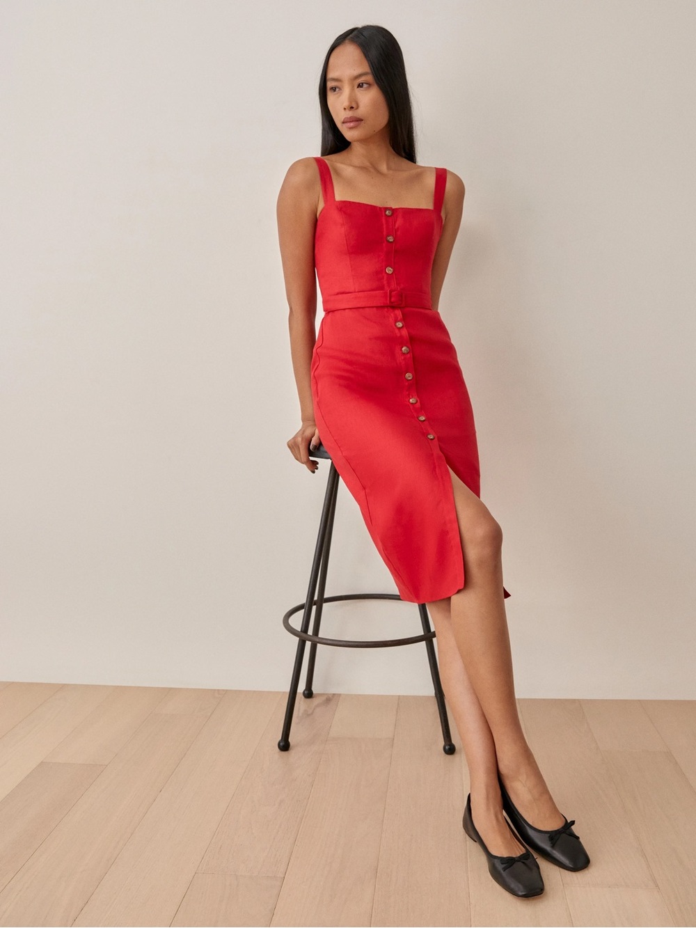 Reformation Red Button-Front Square Neck Midi Dress